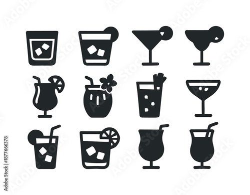 Black Cocktail Icons. Cocktails. Solid icon set of cocktails: negroni glass, old fashioned, cosmopolitan, daiquiri, whiskey sour, pina colada, mai tai, bloody
