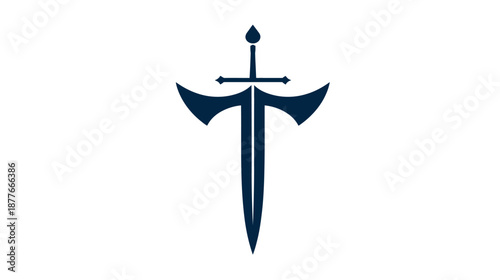 A dark blue sword and axe design on a white backdrop, vertical, with simple lines