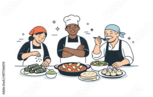 Culinary Teamwork. People preparing traditional food final touches. Cooks tasting and arranging finished dishes together. Sense of pride, care, and shared