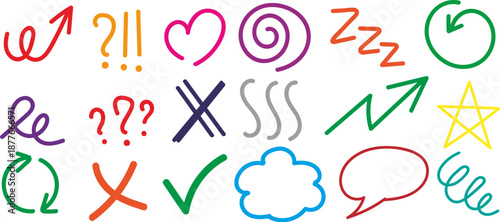 Hand drawn doodle colorful collection set of arrows, hearts, symbols, and decorative abstract elements vector