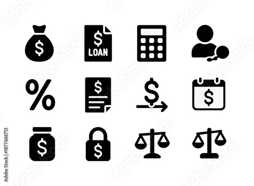 Finance Icon Set. Finance and lending. Solid icon set of finance and lending: money bag, loan file, calculator, debt icon, interest percentage, budget sheet,