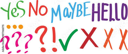 Hand drawn doodle colorful collection set of words yes, no, maybe, hello and expressive symbols vector
