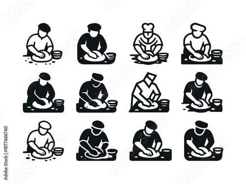 Baker Logo Variations. A baker kneading dough by hand on a flour-covered surface. Icon set. Set Logo of a baker kneading dough by hand on a flour-covered