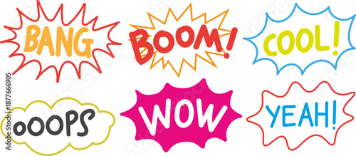 Hand drawn doodle colorful comic speech bubble with expression word text collection set vector