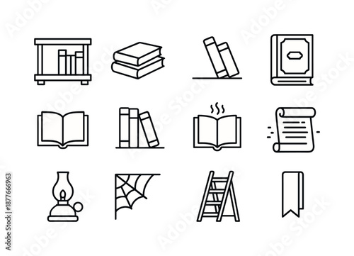 Vintage Bookshelf Icons. Old bookshelf. Line icon set of Old bookshelf: wooden shelf, stack of books, leaning book, antique book, open book, bookend, dusty