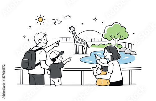 Family Zoo Adventure. Zoo family visit. A family standing near an animal enclosure, pointing and observing together. Calm discovery and joyful curiosity in a