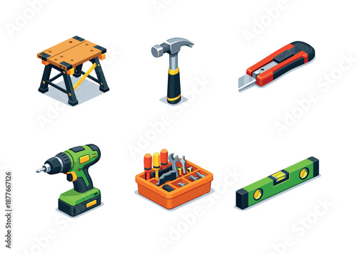 DIY Workshop Icons. DIY Workshop Set. Isometric flat vector icons set of DIY Workshop Set: folding work table, claw hammer, box cutter knife, cordless drill,