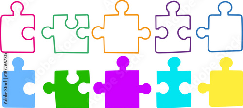 Hand drawn doodle colorful puzzle pieces collection set in outline and solid shapes vector