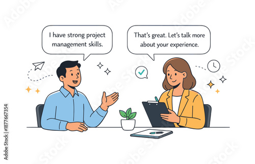 Confident Interview Exchange. Job interview conversation. A candidate speaking confidently while an HR manager reviews notes on a clipboard. Calm, respectful