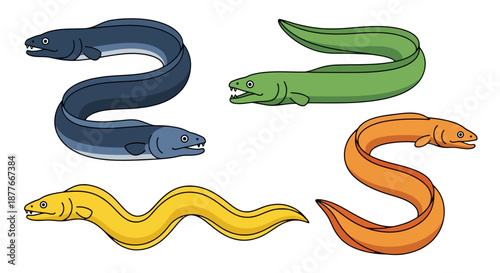 Colorful eels swimming in different directions on black background