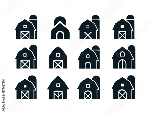 Barn and Silo Icons. Barn and silo. Icon set. Set Logo of Barn and silo: Silo behind pitched barn: Abstract geometric, Symmetrical form, Filled silhouette,