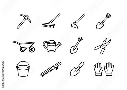 Manual Labor Icons. Manual labor tools. Line icon set of Manual labor tools: pickaxe, rake, hoe, spade, wheelbarrow, watering can, shovel, pruning shears,
