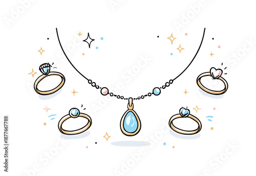 Delicate Jewelry Design. Jewelry and Rings Concepts. Delicate necklace with pendant and small ring icons floating nearby, arranged in a balanced decorative