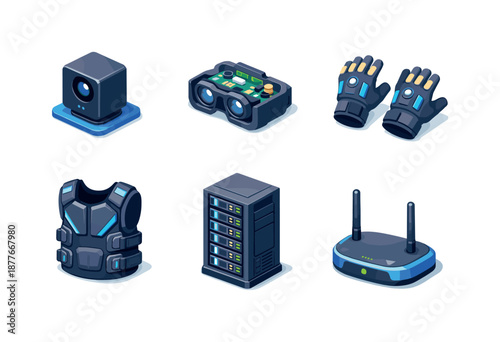 VR Tech Icons. VR Technology. Isometric flat vector icons set of VR technology: tracking sensors base station, VR headset internals module, motion tracking