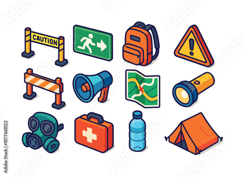 Evacuation Icons Set. evacuation zone. Colorful isometric vector icons set of evacuation zone: caution tape, evacuation sign, emergency backpack, hazard