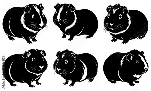 Six black and white guinea pig silhouettes on a transparent background guinea pigs rodent