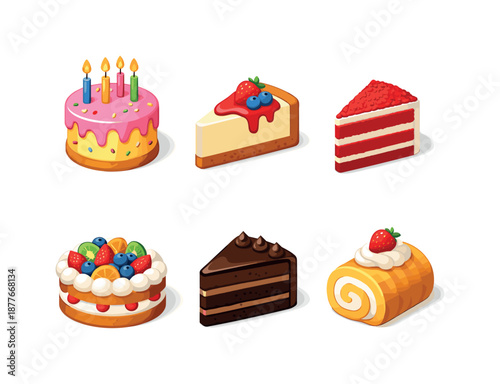 Colorful Cake Icons. Cakes. Isometric flat vector icons set of cakes: birthday cake, cheesecake slice, red velvet cake, fruit sponge cake, chocolate layer
