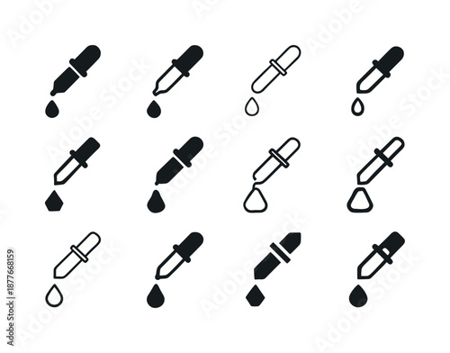 Chemical Experiment Logos. Chemical experiment. Icon set. Set Logo of chemical experiment: chemical dropper releasing droplet. harmonious logo variations of