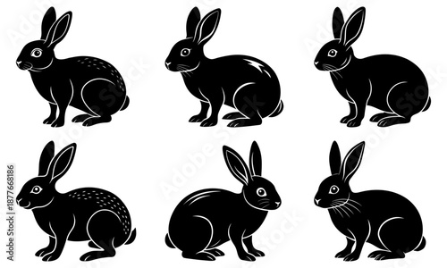Six Black Rabbits Silhouettes on White Background