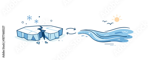 Ice Flow Transformation. Ice and water transformation concept illustration. Minimal editorial depiction of frozen surface opening and water flowing freely,