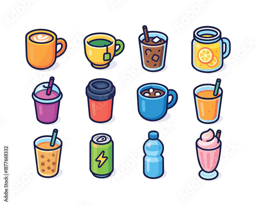Colorful Drink Icons. Handheld drinks. Colorful isometric vector icons set of handheld drinks: latte mug, tea cup, iced coffee, lemonade jar, smoothie cup,