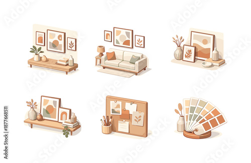 Isometric Interior Icons. Interior styling art. Isometric flat vector icons set of Interior styling art: modern living room wall art, sofa with framed prints,
