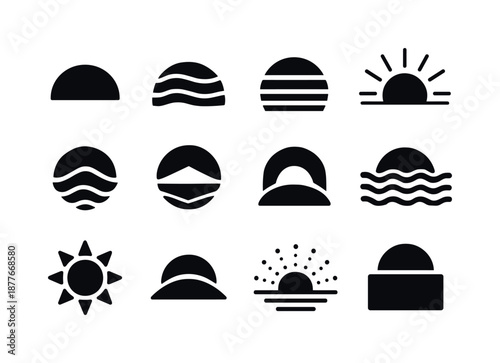 Abstract Sunrise Icons. Sunrise and sunset. Solid icon set of abstract horizon art: semicircle arc, layered waves, gradient stripes, stacked hills, expanding