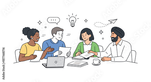 Multicultural Teamwork Scene. Multicultural team. Diverse colleagues working together around a table, exchanging ideas and documents. Friendly collaboration