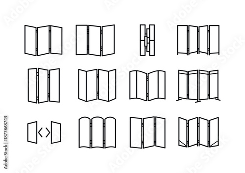 Folding Screen Icons. Folding screen. Line icon set of folding screen: modern room divider, opaque panel icon, sliding hinge strip, clean frame geometry, tall