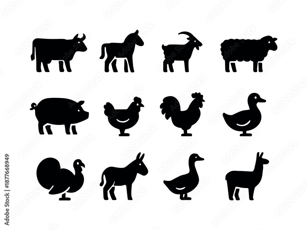 Fototapeta premium Farm Animal Icons. Farm animals. Solid icon set of farm animals: cow, horse, goat, sheep, pig, chicken, rooster, duck, turkey, donkey, goose, llama. Filled