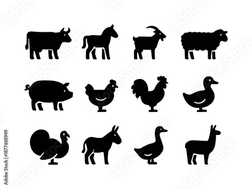 Farm Animal Icons. Farm animals. Solid icon set of farm animals: cow, horse, goat, sheep, pig, chicken, rooster, duck, turkey, donkey, goose, llama. Filled