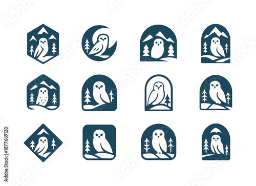 Winter Animal Logos. Snowy landscapes with animals in winter habitats. Icon set. Set Logo of snowy landscapes with animals in winter habitats: snowy owl.