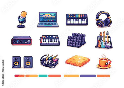 Colorful Music Studio Icons. Bedroom Studio. Colorful flat vector icons set of Bedroom Studio: small condenser mic, laptop DAW screen, MIDI keyboard, audio