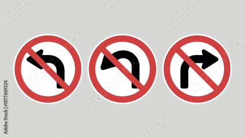 No Left Right and U-Turn Signs with red prohibitory circles and crossed-out arrows