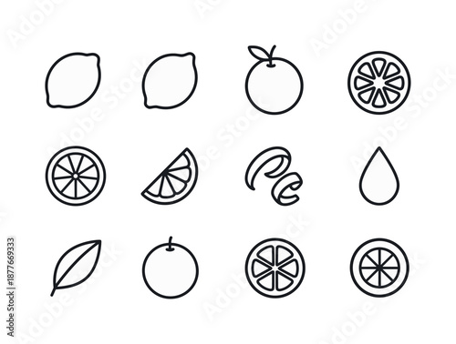 Citrus Icon Set. Citrus fruits. Line icon set of Citrus fruits: lemon, lime, orange, grapefruit, tangerine, citrus slice, citrus wedge, peel spiral, juice