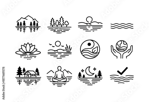 Serene Water Icons. Tranquil Nature Water. Line icon set of Tranquil Nature Water: nature reflection, water and trees, quiet landscape, smooth water band,