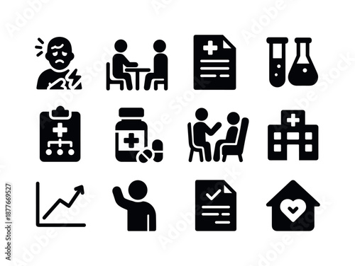 Medical Treatment Timeline. Timeline of medical treatment. Solid icon set of timeline of medical treatment: symptom onset icon, initial consultation, diagnosis