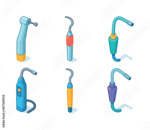 Isometric Dental Tool Icons. Dental tools. Isometric flat vector icons set of Dental tools: dental drill, scaler, suction tool. Arrange all isometric objects