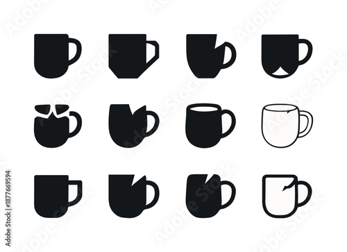 Chipped Mug Icons. Chipped Mug. Icon set. Set Logo of chipped mug: broken ceramic fragment. harmonious logo variations of the same emblematic concept, each