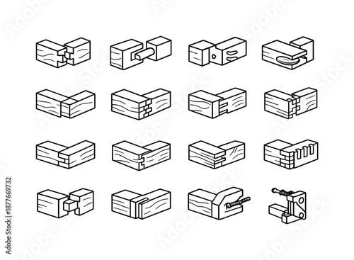 Joinery Icon Set. Joinery techniques. Line icon set of Joinery techniques: dovetail joint, mortise and tenon, dowel joint, biscuit joint, lap joint, box joint,
