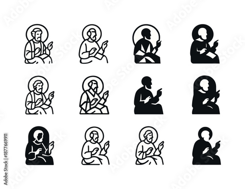 Saint Peter Logos. saint peter. Icon set. Set Logo of Saint Peter: seated figure with scroll. harmonious logo variations of the same emblematic concept, each