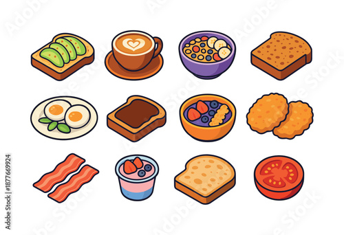 Australian Breakfast Icons. australian breakfast. Colorful isometric vector icons set of australian breakfast: avocado toast, flat white coffee, muesli bowl,