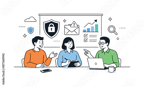 Cybersecurity Strategy Session. Cybersecurity meeting. A small team discussing online protection strategies while pointing at simple icons and