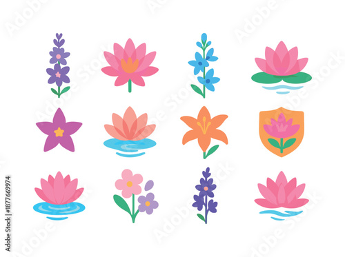 July Floral Icons. July birth flowers. Colorful flat vector icons set of July birth flowers: larkspur spike, water lily bloom, tall floral stalk, floating lily