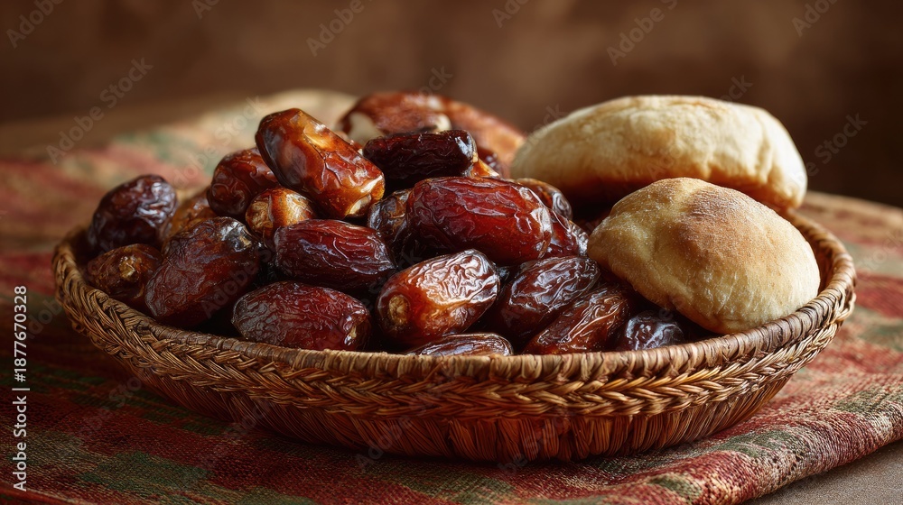 Obraz premium Close up of dates and bread in woven basket on table