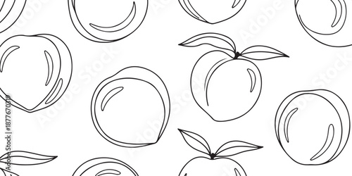 Seamless pattern of outline illustrations of fresh ripe peaches with leaves