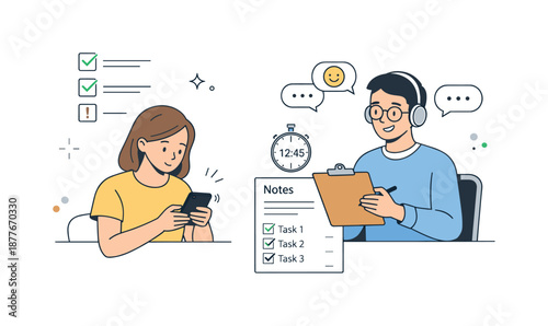 User Testing Session. User testing session. Participant completing tasks on a mobile app while a UX specialist tracks feedback and time, showing practical