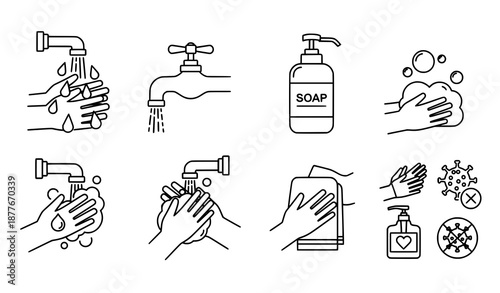 Hand Washing Pictogram Icon Set Step by Step Healthcare Hygiene Vector EPS 