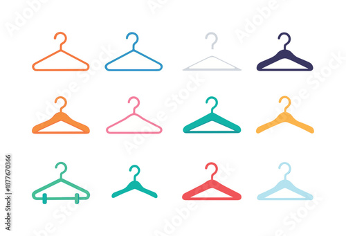 Colorful Hanger Icons. Minimal hangers. Colorful flat vector icons set of minimal hangers: slim metal hanger, wireframe hanger, white plastic hanger, black
