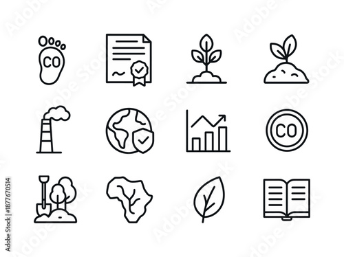 Carbon Offset Icons. Carbon offset mechanisms. Line icon set of Carbon offset mechanisms: carbon footprint symbol, offset certificate, forest planting, soil